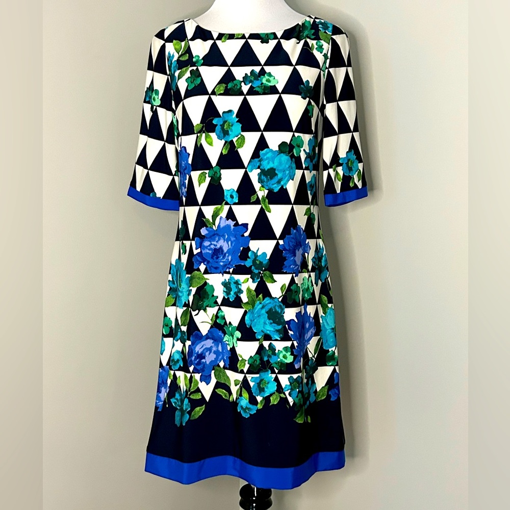 ELIZA J Abstract Floral Print Shift Dress Womens Size 6 Black White Blue